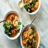 Spicy Tomato-Coconut Bisque With Shrimp and Mushrooms image