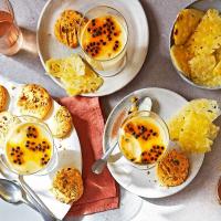 Passion fruit posset with pistachio-custard biscuits & fresh pineapple image