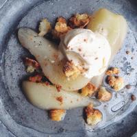 Spiced Poached Pears with Crème Fraîche and Amaretto Cookies image