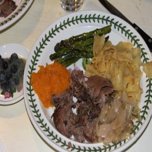 Leg of Lamb, Sweet and Sour Cabbage, Rosemary Noodles, Squash, Asparagus, Strawberries & Blackberries Recipe - (4.9/5)_image