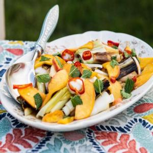 Charred Leeks with Quick-Pickled Chiles and Peach Vinaigrette_image