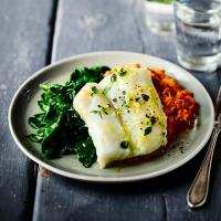 Herb & garlic baked cod with romesco sauce & spinach image