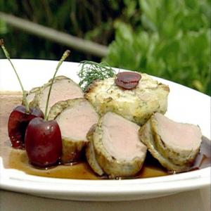 Herb Crusted Veal Tenderloin and Celery Root and Pear Sformato with Cherry Sauce_image