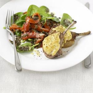 Hummus-crusted lamb with lentil salad image