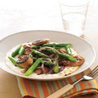 Chicken-Sausage and Asparagus Saute over Cheese Grits image