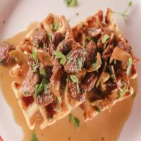 Cheddar-Black Pepper Waffles with Sausage and Apples Maple Agrodolce_image