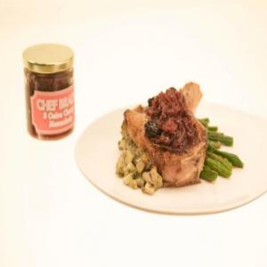 Stuffed Pork Chop with Three-Onion Cherry Jam and Buttered Green Beans image