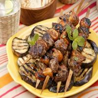 Grilled Lamb and Fig Skewers with Mint-Pepper Glaze and Grilled Eggplant_image