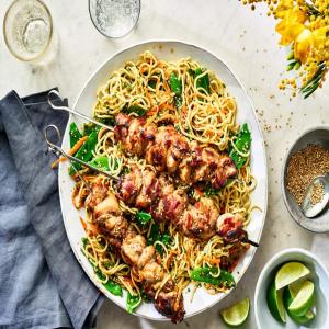 Sticky ginger & honey chicken skewers with noodle salad_image