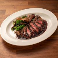 Dry Rubbed Bison Smoked Rib-Eye with Blackberry Soy Balsamic Sauce, Grilled Broccoli Rabe and Grilled Mushrooms image