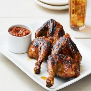 Grilled Chicken Halves with Peach Pickle BBQ Sauce image