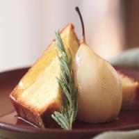 Cornmeal Pound Cake with Rosemary Syrup, Poached Pears, and Candied Rosemary_image