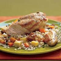 Herb-Basted Chicken with Pearl Barley, Bacon, and Root Vegetable Pilaf_image