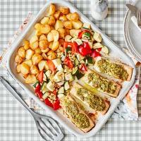 Salmon pesto traybake with baby roast potatoes image