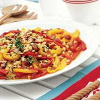 Roasted Red Pepper Salad with Bacon Dressing and Pine Nuts_image