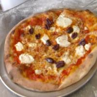 Roasted Red Pepper-Tomato Pizza with Goat Cheese, Basil and Red Chili Oil image