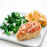Chicken and Sweety Drop Pepper Relish with sun-dried tomato potatoes and feta broccolini_image