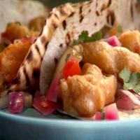 Cerveza-Battered Fish Tacos with Quick-Pickled Onion and Cucumber image