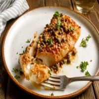 Seared Halibut With Anchovies, Capers And Garlic image