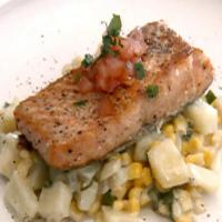 Seared Salmon over Risotto Style Potatoes and Corn image