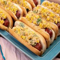 Hot Dogs with Charred, Cheesy Chili-Lime Corn Topping_image