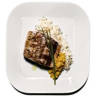 Steamed Wild Striped Bass With Coconut Rice and Apple-Banana Chutney image