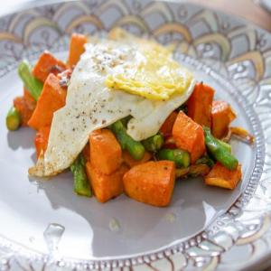 Sweet Potato Asparagus Hash with Fried Eggs image