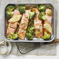 Soy salmon & broccoli traybake image