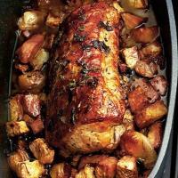 Pot-roast loin of pork with celeriac, shallots & pancetta image