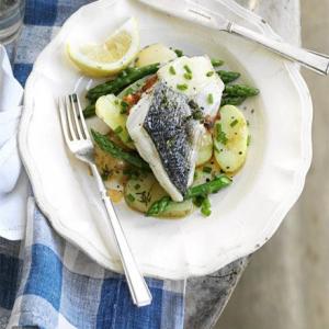 Sea bass with asparagus & Jersey Royals_image