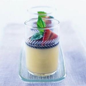 Basil & white chocolate creams with sticky balsamic strawberries_image