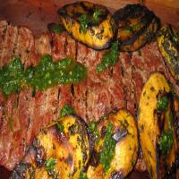 Grilled Skirt Steak and Sweet Potatoes With Herb Sauce image
