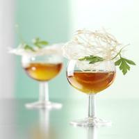 Beef Consomme with Egg Yolks and Glass Noodle Crisps_image