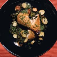 Roast Chicken with Broccoli Rabe, Fingerling Potatoes, and Garlic-Parsley Jus_image