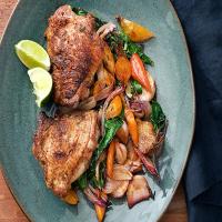 Coriander Chicken Thighs with Miso-Glazed Root Vegetables image