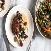 Slow-Roasted Duck With Mashed White Beans, Sizzled Herbs and Olives image