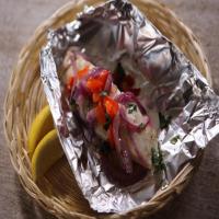 Grilled Striped Bass with Fire-Roasted Onions and Peppers image