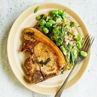 Pork chops with broad bean & minted Jersey smash image