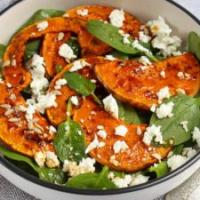 Delicious roasted pumpkin recipe with feta cheese and baby pinach_image
