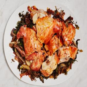 Whole Roasted Rabbit With Guanciale, Wilted Greens and Pan Drippings image