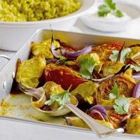 Baked chicken masala with almond pilaf image