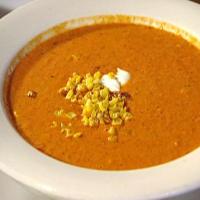 Cream of Roasted Red Bell Pepper Soup with Roasted Sweet Corn and Cilantro- Lime Sour Cream_image