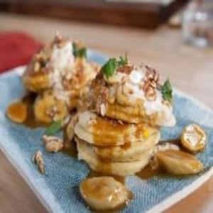 Mexican Corn Pancakes with Whipped Goat Cheese, Piloncilo Caramelized Bananas and Walnuts_image