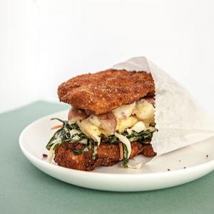 Fried Chicken and Waffle Sandwich with Potato Salad and Collard Slaw Recipe | Epicurious.com_image