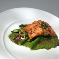 Pan Seared Salmon with Asparagus Lemon Salad, Red Wine Reduction and Watercress Puree_image