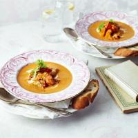 Seared garlic seafood with spicy harissa bisque image