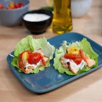 Salmon Gyro with Tomato-Red Pepper Relish and Spicy Herbed Tzatziki_image