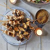 Honey & cumin chicken and aubergine skewers with pistachio dukkah image