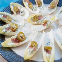 Whipped Cheese Endive Spears with Crispy Prosciutto and Pickled Peppers image