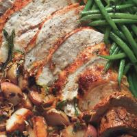 Roast Turkey Breast with Potatoes, Green Beans, and Mustard Pan Sauce_image
